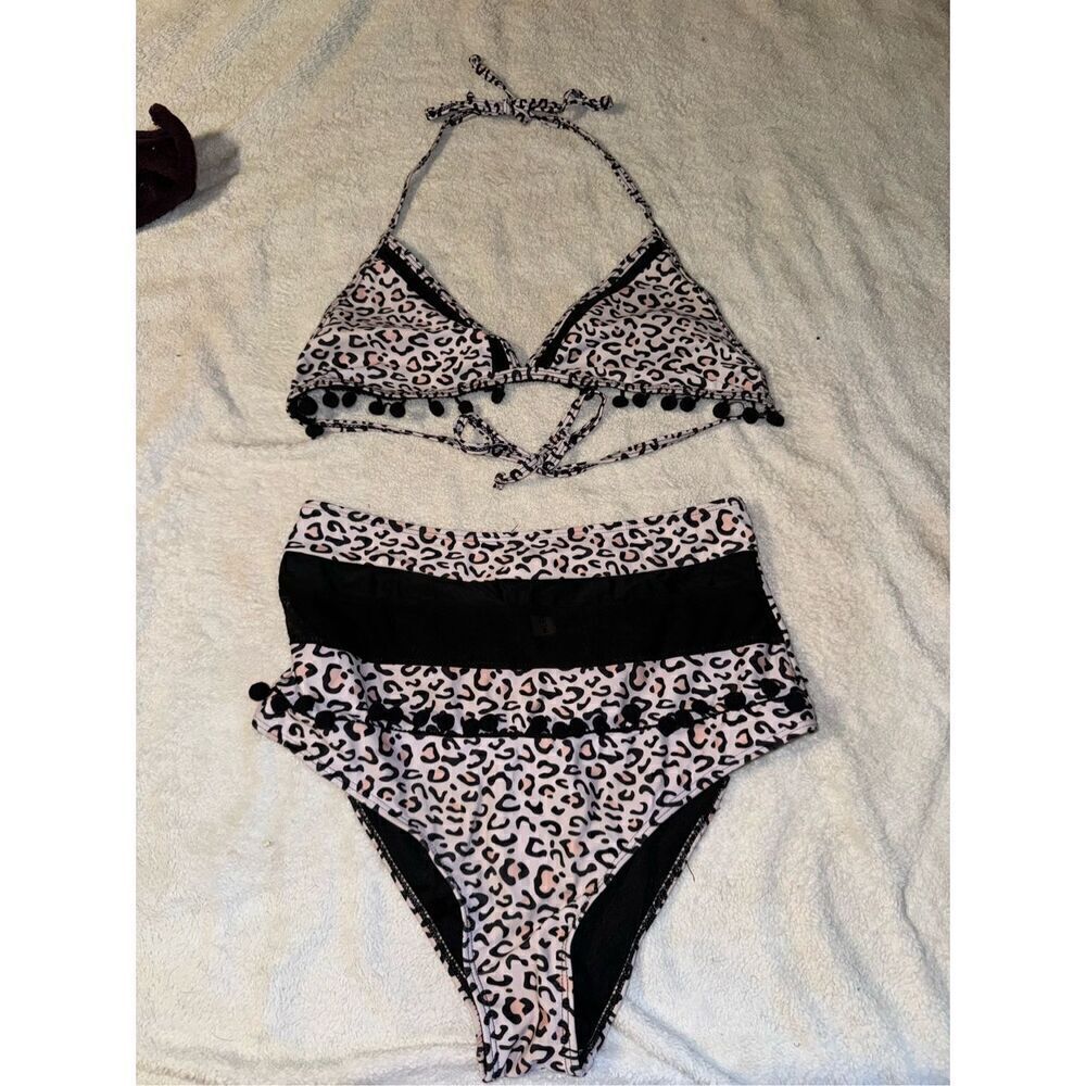 Leopard print high waisted pom pom bikini size xl